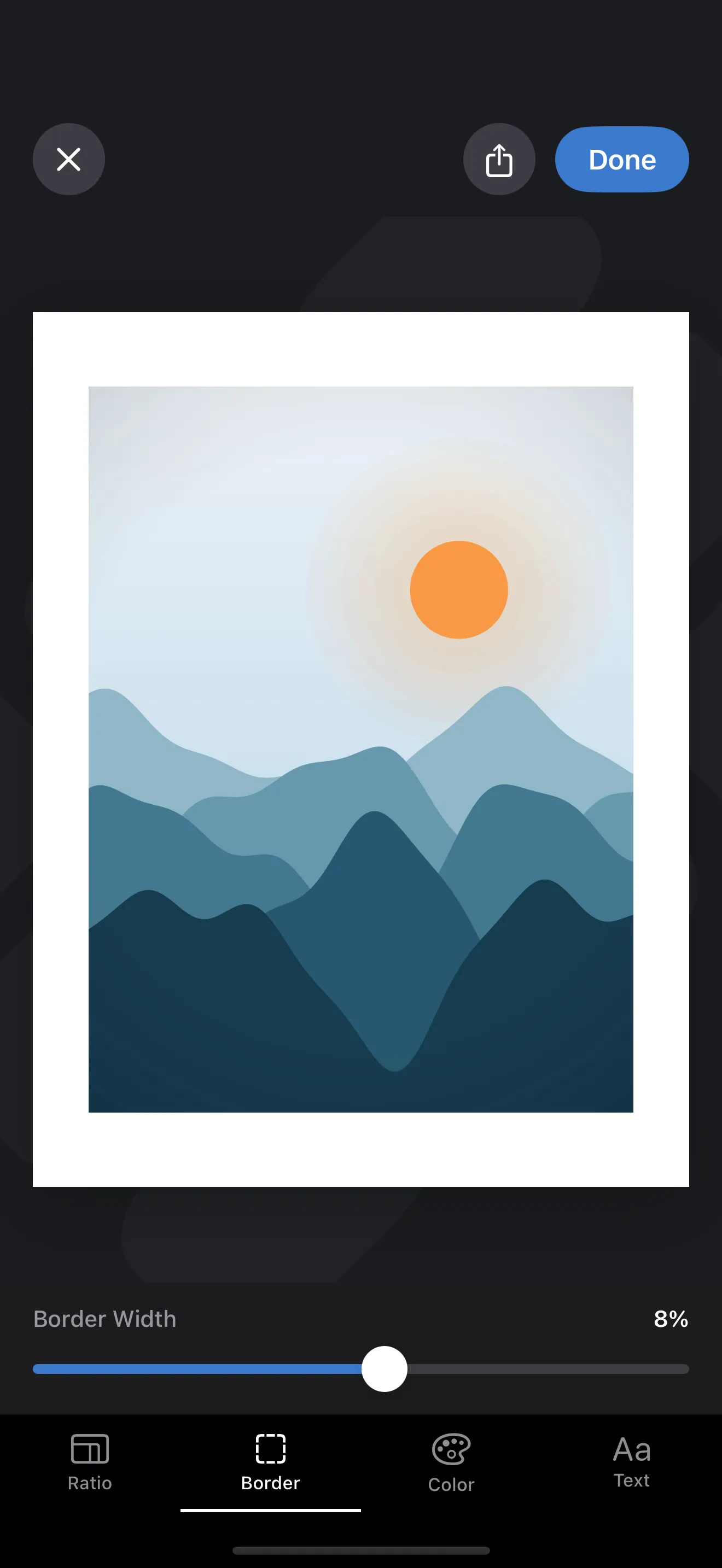 Editor with the border width slider set to 8 percent