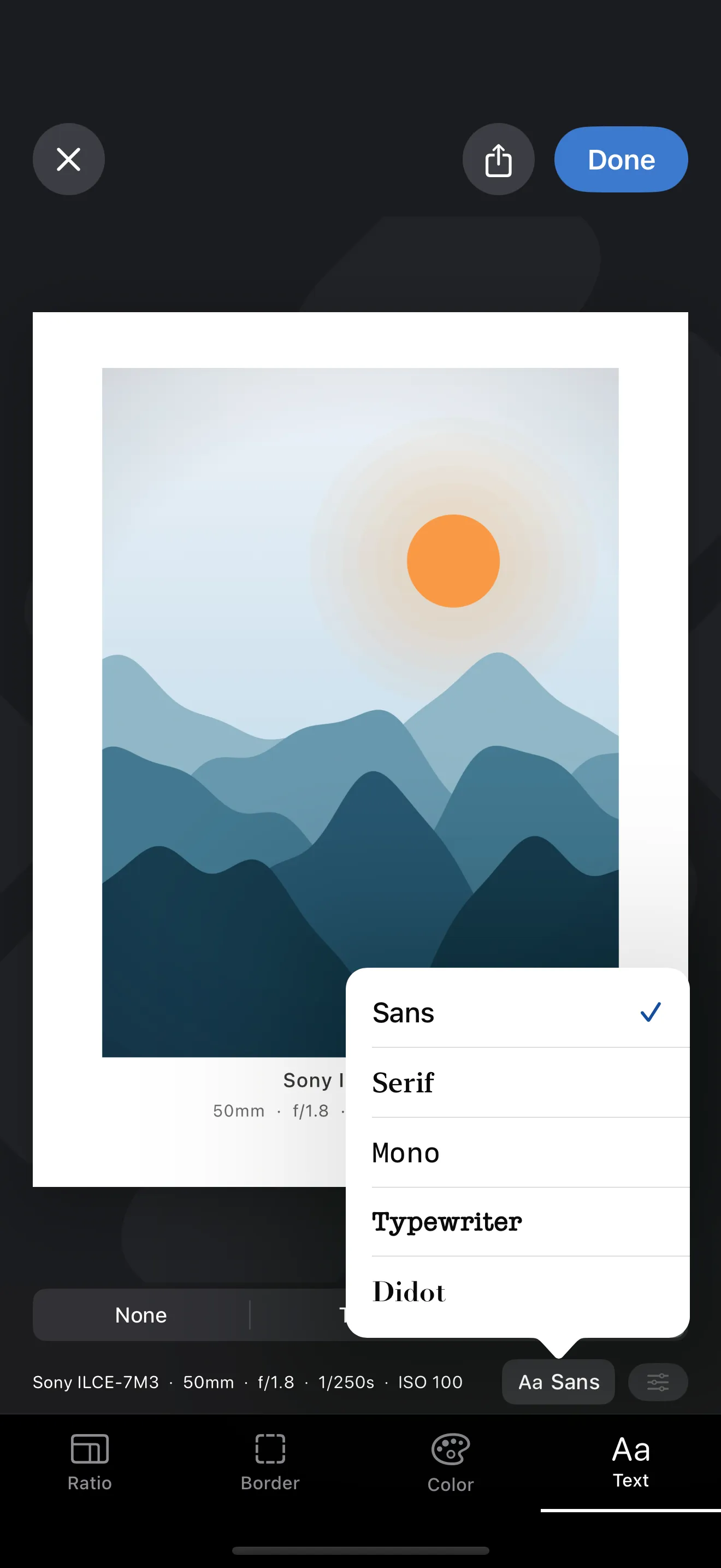 Typeface picker open over the editor, listing Sans, Serif, Mono, Typewriter and Didot, each drawn in its own font