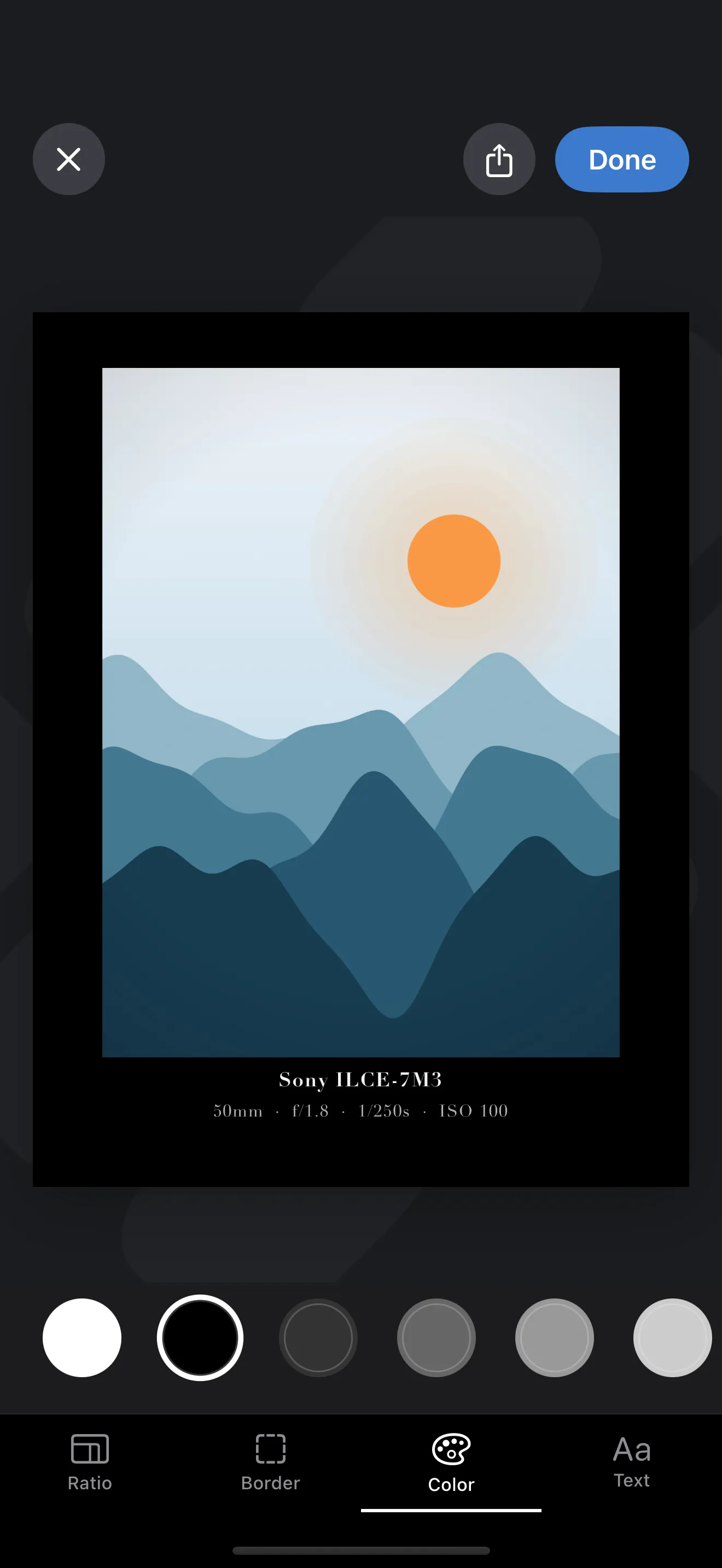 A black matte around a bright landscape photo