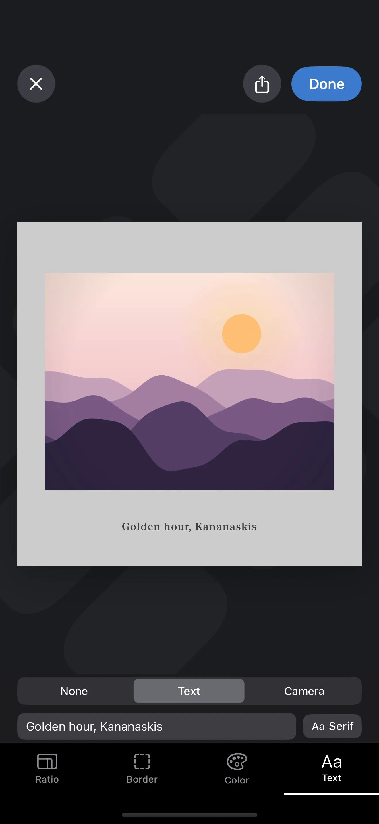 A custom caption reading Golden hour, Kananaskis set in a serif under a dusk photo