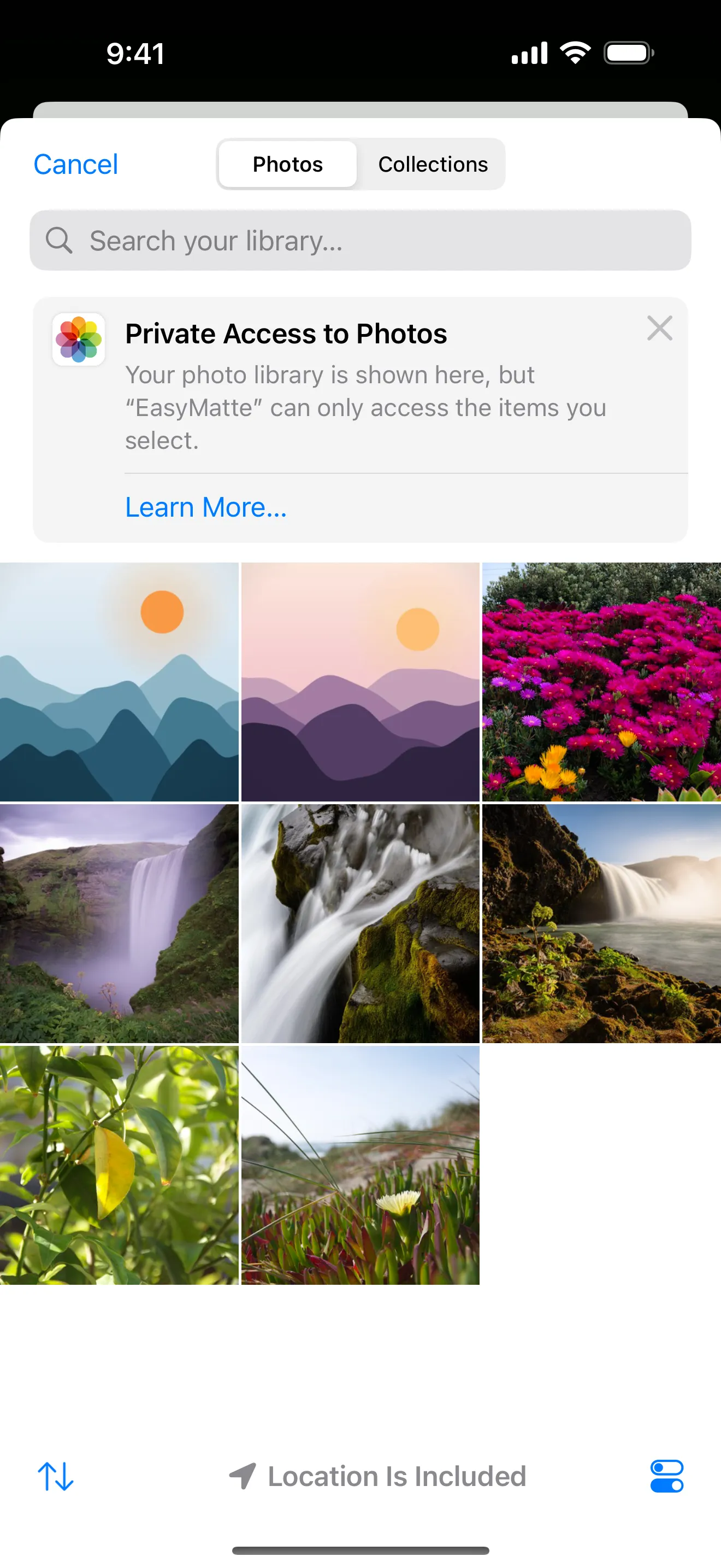 Apple's photo picker with its notice: your photo library is shown here, but Easy Matte can only access the items you select